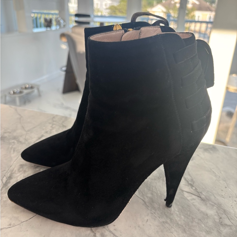 Miu Miu Designer Black Suede Tie-Back Short Ankle Boots